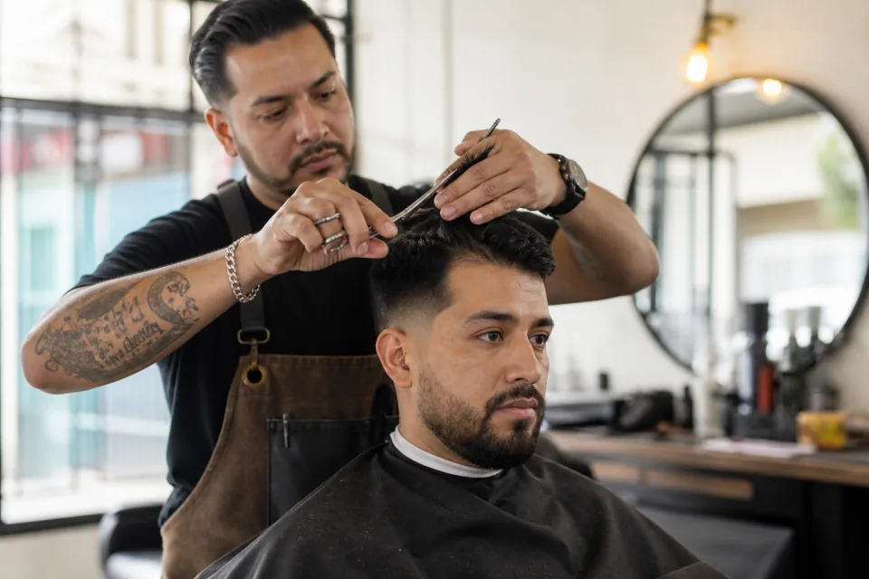 Barbero cortando el cabello de un cliente