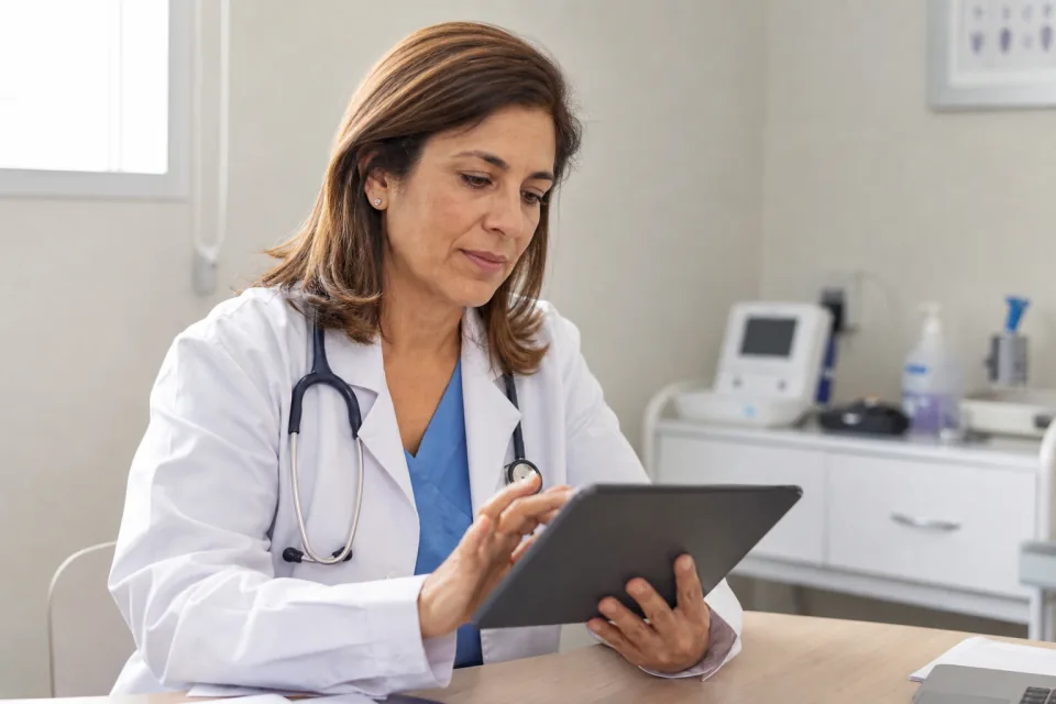 Profesional médica revisando su agenda en una tablet