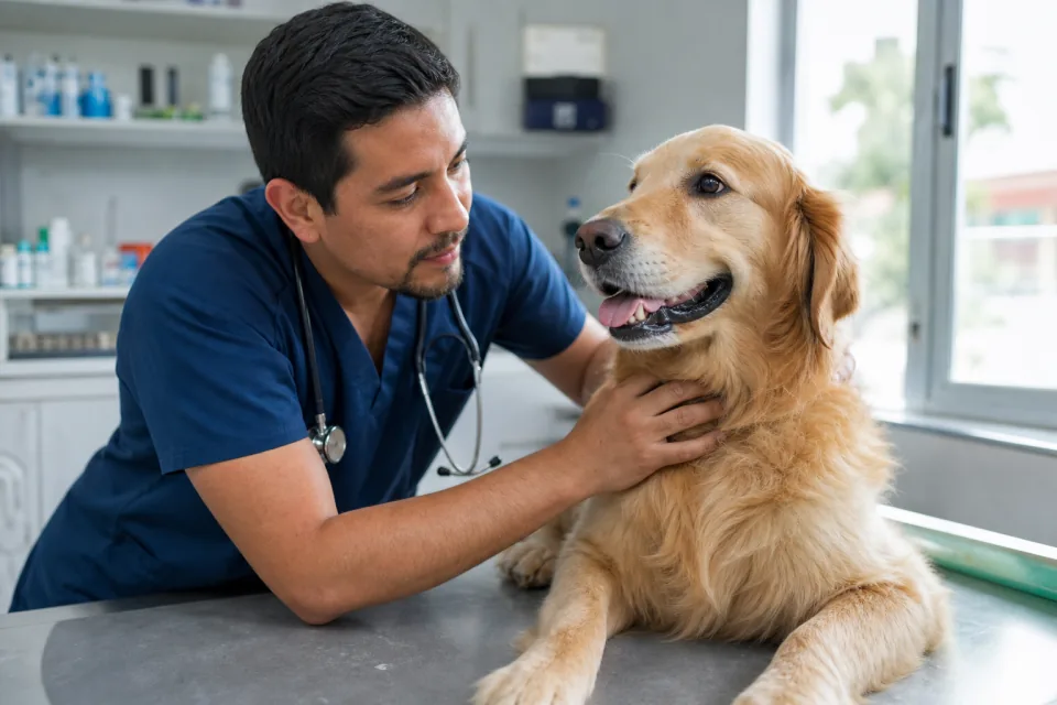 Veterinario examinando a un perro